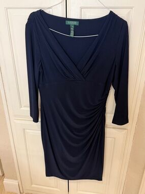 Lauren Ralph Lauren Navy Faux-Wrap Ruched Jersey Midi Dress